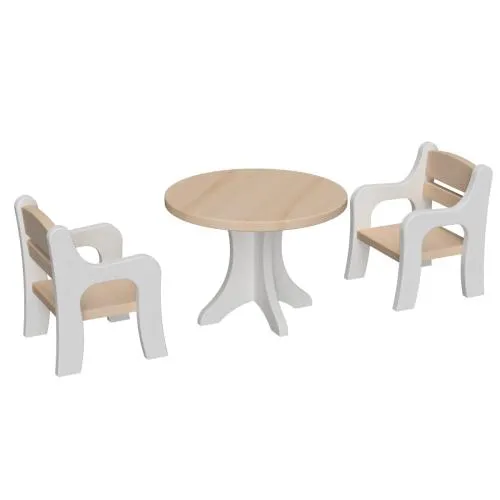Set 1 mit 2 Stühle und Tisch - Waldorf Puppenmöbel Set in weiß-natur
