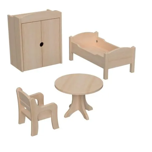 Puppenmöbel Set 4-teilig mit Stuhl, Tisch, Bett, Kleiderschrank