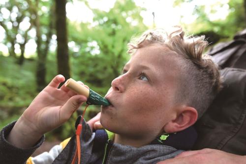 Kind bläst in Trillerpfeife. Natur-Spielzeug mit Trageschlaufe für schnelle Ausflüge in den Wald.