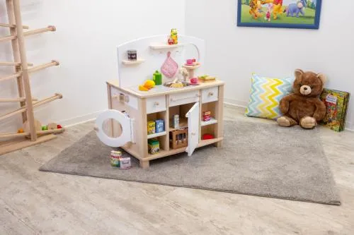 spielwelt kinderküche mit zubehör, töpfen, lebensmitteln. mit waschmaschine und kühlschrank