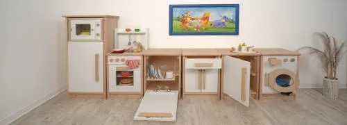 üche "Däumelinchen", Naturholz, weiß und natur, mit Herd und Spüle, mit Kinder-Kühlschrank, Kinder-Waschmaschine und Kinder-Schrank, weiß, natu