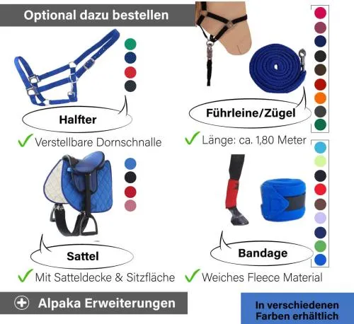 Alpaka mit Zusatz - Halfter, Führleine, Sattel und Bandage