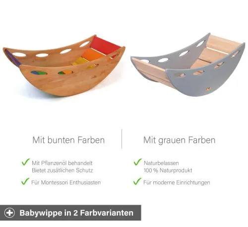 Baby Wippe in 2 Farbvarianten - Bunte Montessori Farben oder Grau Natur Kombination