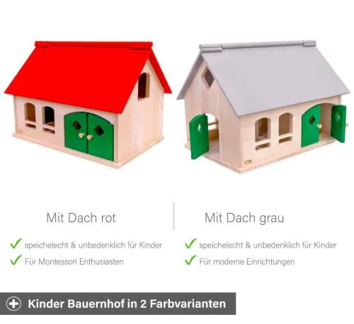 Kinder Bauernhof rot Farbvarianten - Mit Dach rot im Montessori Stil oder grau für moderne Einrichtungen.