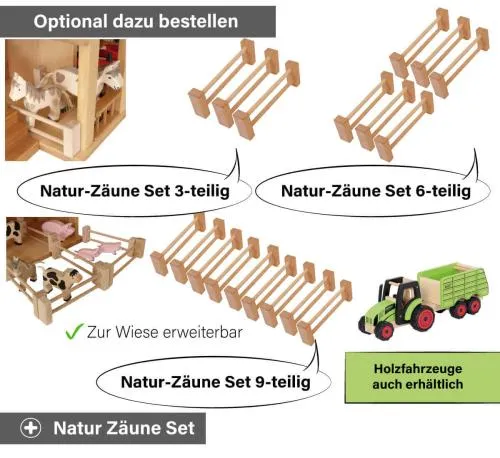 Kinder Bauernhof rot Zubehör - Natur Zäune Set 3-6-9-teilig.