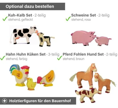 Kinder Bauernhof rot Zubehör - Kuh-Kalb Set; Schweine Set; Hahn Set oder Pferde Set.