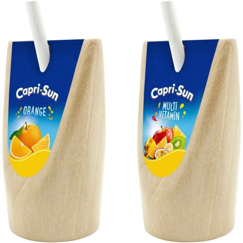 Preview: Capri Sun aus Holz 2er-Set | Trinkpäckchen Spiellebensmittel für Kaufladen Preview: Capri-Sun Holzset Multivitamin & Orange mit Trinkhalm