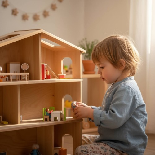 Preview: Puppenhaus ANNA groß mit 3 Etagen, Fenster & Balkon Dachterrasse aus Buche Massivholz Natur 1:12 viktorianisch Preview: Elsa Puppenhaus groß aus Buche Natur – Kind spielt konzentriert in heller Kita-Umgebung und fördert Kreativität und freies Spiel.