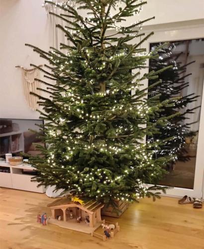 Kinder Krippenstall mit Schindeln unter dem Weihnachtsbaum