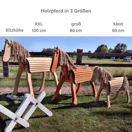 Preview: Holzpferd XXL DIAMANT mit langer Mähne, Schweif & Haltegriff | Stockmaß 100 cm für Kinder ab 8-9+ Jahre | Personalisierbar Preview: Holzpferd in 3 Größen - XXL, groß und klein