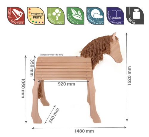 Preview: Holzpferd XXL DIAMANT mit langer Mähne, Schweif & Haltegriff | Stockmaß 100 cm für Kinder ab 8-9+ Jahre | Personalisierbar Preview: Holzpferd XXL Abmessungen