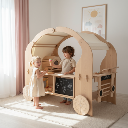 Preview: Kinder Foodtruck TACO Set mit Spielständer BEN und Regal LENA Preview: Kinder Foodtruck aus Holz im hellen Kinderzimmer mit Fenster, Vorhängen und Teppich, zwei Kinder spielen Verkäufer und Kunde.
