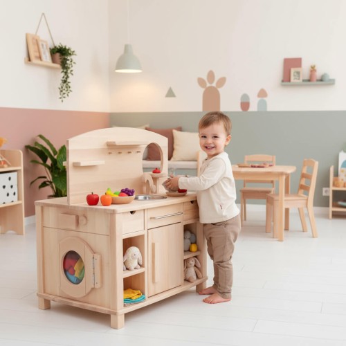 Preview: Kinderküche CINDERELLA weiß-Natur Buchenholz beidseitig bespielbar mit viel Stauraum, Herd, Backofen, Kühlschrank, Spül- & Waschmaschine 3-fach höhenverstellbar Preview: Kleinkind lächelt beim Kochen und Abwaschen vor der Kinderküche Cinderella