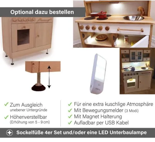 Kita Kinder Küche Däumelinchen Zubehör - Sockelfüße 4er Set und/oder einem LED Licht