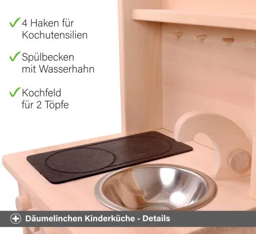 Kinderküche Däumelinchen weiß - Haken, Spülbecken mit Wasserhahn und ein Kochfeld für 2 Töpfe