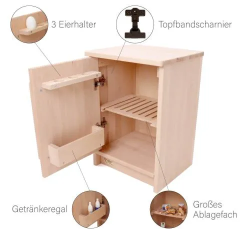 Kinder Kühlschrank - mit Eierhalter, Topfbandscharnier, Getränkeregal und großer Ablagefläche