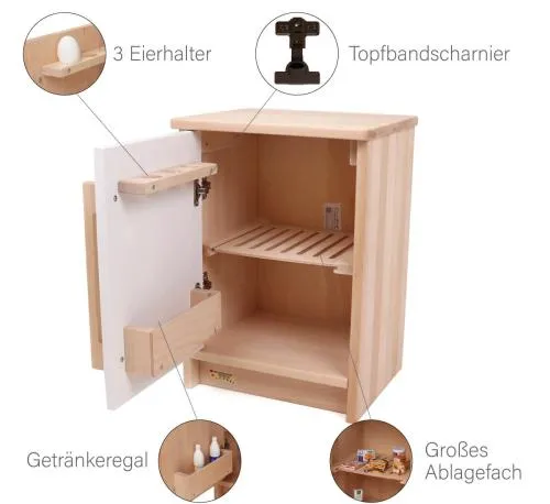 Kinder Kühlschrank weiß - mit Eierhalter, Topfbandscharnier, Getränkeregal und großer Ablagefläche