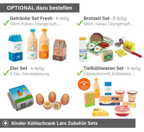 Kinder Kühlschrank weiß Zubehör - Getränke Set, Brotzeit Set, Eier Set und/oder Tiefkühlwaren Set