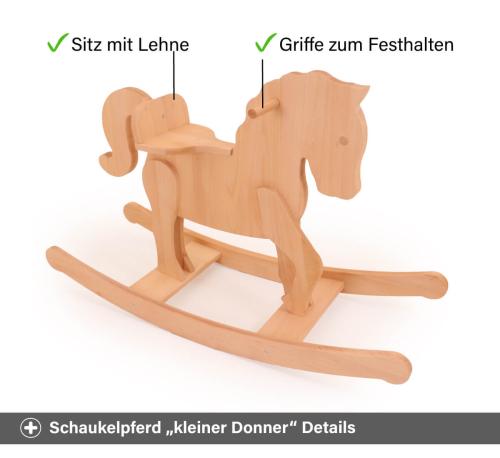 Kinder Schaukelpferd Details - Sitz mit Lehne und Griffe zum Festhalten