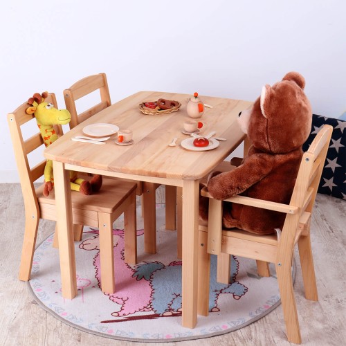 Preview: Kindersitzgruppe für 4 Personen aus massivem Buchenholz geölt | Montessori Kindertisch mit 4 Stühlen stapelbar Preview: Kinder Sitzgruppe für Kuscheltiere