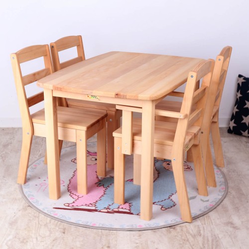 Preview: Kindersitzgruppe für 4 Personen aus massivem Buchenholz geölt | Montessori Kindertisch mit 4 Stühlen stapelbar Preview: Kinder Sitzgruppe mit Zubehör