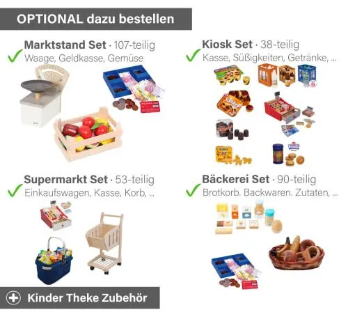 Kinder Spieltheke Erle - Zubehör - Marktstand, Kiosk, Supermarkt und/oder Bäckerei Set