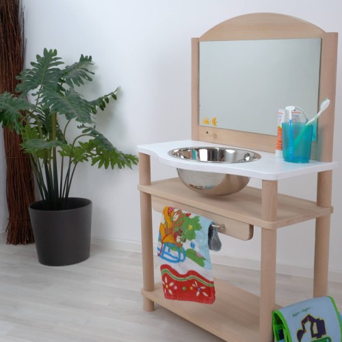 Preview: Montessori Waschtisch mit Spiegel für Kinder aus Buchenholz Natur Preview: Kinder Waschtisch mit Spiegel aus Holz