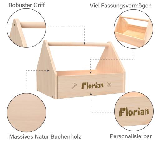 Kinder Werkzeugkasten aus Holz - mit Features - Haltegriff, Stauraum, Natur Buchenholz, personalisierbar