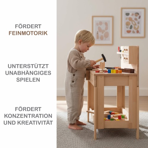 Preview: Kinder Werkbank BOB mit Rückwand Natur & Schraubstock | Massivholz 4014 Preview: Kinderhobelbank aus Holz mit Infografik zu pädagogischen Vorteilen – Kind spielt konzentriert, zeigt Feinmotorik und Kreativität.