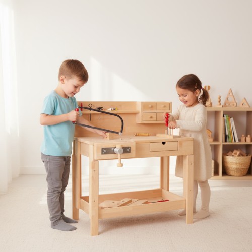Preview: Kinder Werkbank BOB mit Rückwand Natur & Schraubstock | Massivholz 4014 Preview: Kinderhobelbank aus Holz mit zwei spielenden Kindern in hellem skandinavischem Kinderzimmer – höhenverstellbare Werkbank von Holzspielzeug Peitz.