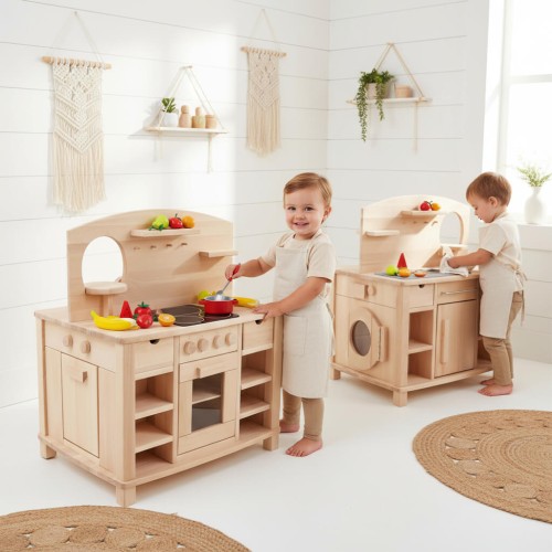 Preview: Kinderküche CINDERELLA weiß-Natur Buchenholz beidseitig bespielbar mit viel Stauraum, Herd, Backofen, Kühlschrank, Spül- & Waschmaschine 3-fach höhenverstellbar Preview: Kinderküche beidseitig bespielbar - Zwillinge spielen jeweils mit einer Kinderküche - abwaschen, abtrocknen