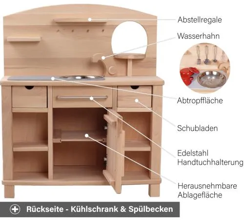 Kinderküche Cinderella - Rückseite- Mit Kühlschrank und Spülbecken