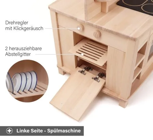 Kinderküche Cinderella - Linke Seite- Mit Spülmaschine und Ablagegittern