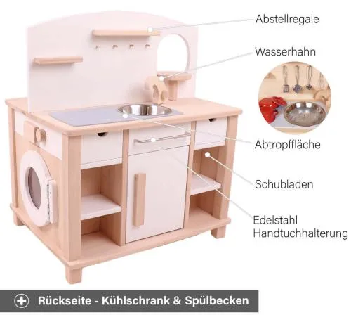 Kinderküche Cinderella weiß - Rückseite- Mit Kühlschrank und Spülbecken