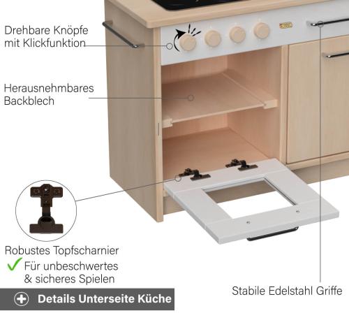 Kinderküche Rotkäppchen weiß - Unterseite - Mit drehbaren Knöpfen, herausnehmbarem Backblech und Topfscharnier