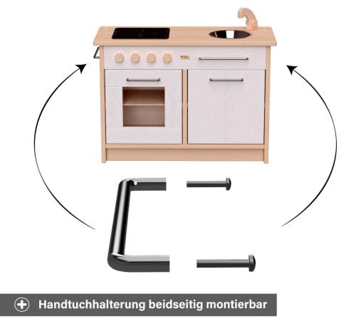 Kinderküche Rotkäppchen weiß - Handtuch Halterung beidseitig montierbar - Kita variante mit 3 Edelstahl Griffen