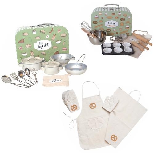 Kinderküche Zubehör 3er Set - 29-teilig - mit Koch- Back- und Schürzen Set