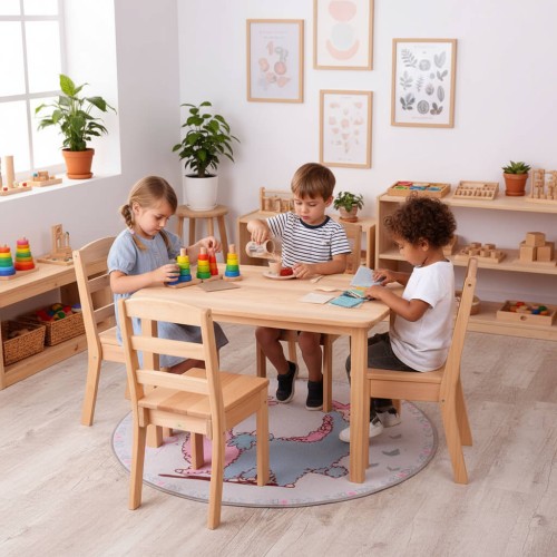 Preview: Kindersitzgruppe für 4 Personen aus massivem Buchenholz geölt | Montessori Kindertisch mit 4 Stühlen stapelbar Preview: Kindersitzgruppe für Kleinkinder für den Mittagstisch