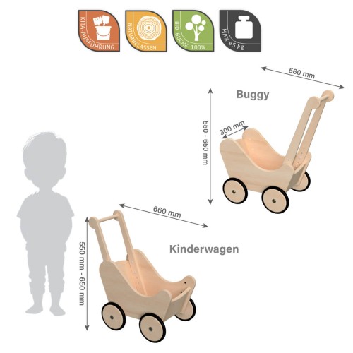 Preview: Puppenwagen JOHANNA grau aus Holz mit Flüsterreifen für Kinder ab 1-2 Jahre personalisierbar Preview: Puppenwagen Abmessungen