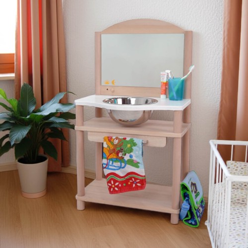 Preview: Montessori Waschtisch mit Spiegel für Kinder aus Buchenholz Natur Preview: Kinderwaschbecken Tisch aus Holz
