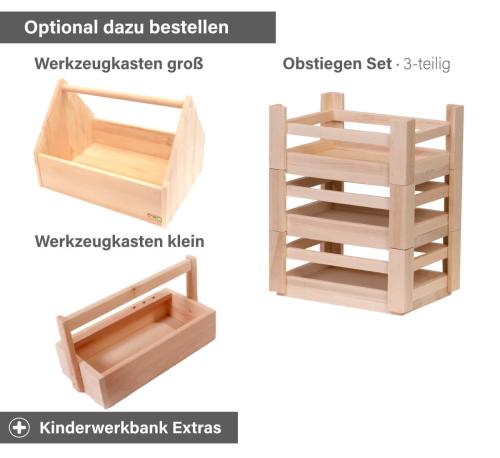 Kinderwerkbank Zubehör Extras - Werkzeugkasten groß klein oder Obststiegen Set