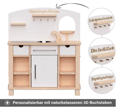 Kita Kinderküche Cinderella weiß - Personalisierbar mit naturbelassenen 3D Holz Buchstaben