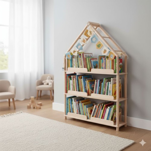 Preview: Montessori Bücherregal BERGEN | 3 Etagen, breit, hoch & offen | Buche Natur Massivholz | Modulares Stollen-Regalsystem | Optional mit Haus-Dach & Buchständer Preview: im Kinderzimmer ein Bücherregal Austellerregal zum selber bedienen für die Kinder