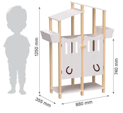 Hobby Horse Stall aus Holz weiß-Natur mit Unterschrank 2-türig + Futterboxen für 2 Hobby Horses