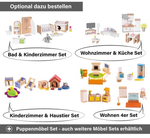 Puppenhaus - Bad, Kinderzimmer, Wohnzimmer, Küche, Haustiere, Wohnen Set