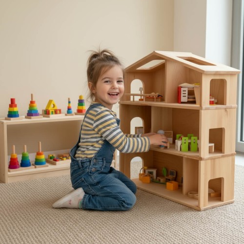 Preview: Puppenhaus ANNA groß mit 3 Etagen, Fenster & Balkon Dachterrasse aus Buche Massivholz Natur 1:12 viktorianisch Preview: Kind spielt allein am großen Puppenhaus ANNA aus Buche Natur in hellem Montessori-Kinderzimmer – zentrales Holzspielzeug fördert Fantasie und freies Spiel