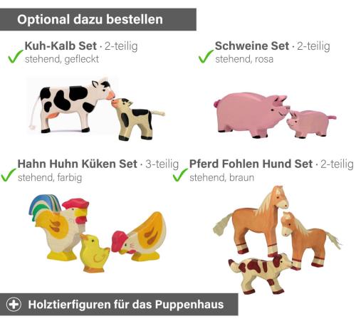 Puppenhaus Tiere Sets - Kuh, Kalb, Schweine, Hahn, Huhn, Küken, Pferd, Fohlen