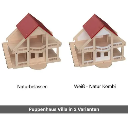 Puppenhaus Villa in 2 Varianten - Mit naturbelassenem Holz oder Weiß-Natur Kombination