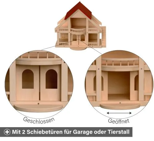 Puppenhaus Villa mit 2 Schiebetüren für den Wohnungseingang, eine Garage oder einen Tierstall