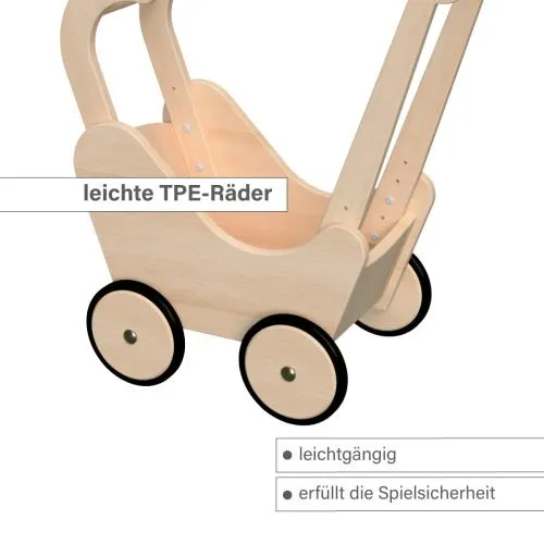 Puppenwagen mit Gummireifen - Holzräder mit TPE Gummi Bereifung